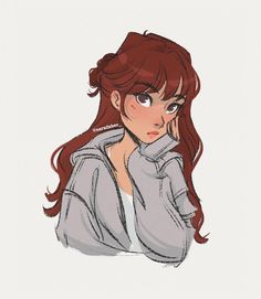 a drawing of a woman with long red hair wearing a gray jacket and looking off to the side