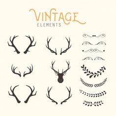 an image of deer antlers and laurels with the words vintage elements on them