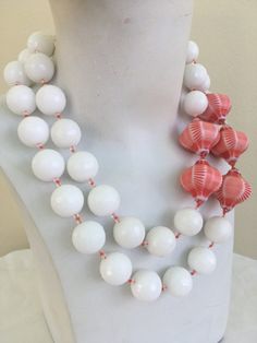 Peach Vintage Necklace, hand- knotted in red silk thread, 16 mm, faceted white agate, Vintage. 24 mm beads, hand selected in a Paris Antique Shop with 6 mm rock crystal and sterling silver findings. This oneoff double, graduated strand necklace is 18 inches in length, weight is 8.3 oz handcrafted in North Palm Beach, Florida by designer artist Christine Smith Pearls Jewelry Diy, Diy Statement Necklace, Peach Vintage, Fancy Beads, Chunky Jewelry, Gold And Silver Rings, White Agate, Antique Shop, Beaded Statement Necklace