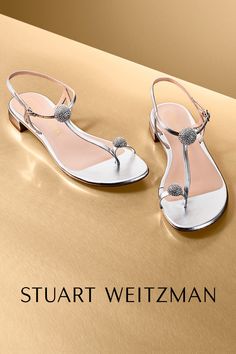 Our classic sandal makes a comeback this summer. It’s your time to shine in our comfortable, crystal-encrusted flats. #BALLSOFFIRE #StuartWeitzman Silver Flat Sandals, Luxury Sandals, Princess Dress Kids, Fashion Shoes Heels, Embellished Flats, Silver Sandals, Embellished Sandals, Stuart Weitzman Shoes, Silver Accessories