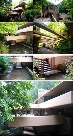 four different views of modern architecture in the woods