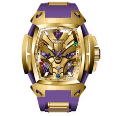 This impressive Invicta Marvel watch features a precise Quartz movement as well as a purple, gold case. Its gold, metal dial is enclosed by a highly protective Flame Fusion Crystal. This watch is finished by a strong purple, gold, silicone, stainless steel band, and it offers 100 m water resistance. In collaboration with Marvel Studios, this masterful collection is comprised of famed superheroes and villains straight from the iconic comic books and motion pictures. Driven by exceptional engineer Gold Digital Watch With Subdials, Modern Purple Watch With Round Dial, Purple Quartz Watch Accessory With Round Dial, Purple Chronograph Watch Accessories With Round Dial, Purple Analog Watch, Marvel Thanos, Superheroes And Villains, Thanos Marvel, Motion Pictures