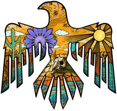 an eagle with flowers and cactuses on it's wings is painted in bright colors