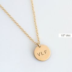 Gold Disc Necklace Monogram Necklace Gold Hand Stamped Gold Round Charm Necklaces With Engraving Option, Gold Charm Necklaces With Engraving Option, Gold Charm Necklace With Engraving Option, Gold Charm Necklaces With Engraving Option For Everyday, Gold Hand Stamped Round Pendant Jewelry, Gold Hand Stamped Round Pendant, Gold Engraved Round Disc Charm Necklace, Personalized Gold Coin Necklace In Minimalist Style, Gold Nameplate Necklace With Engraving Option