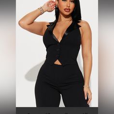 Brand New Size S Spring Black Pantsuit For Night Out, Black Pantsuit For Spring Night Out, Black Pantsuit For Night Out In Spring, Sleeveless Fitted Pantsuit For Going Out, Fitted Black Pantsuit For Summer, Fitted Black Summer Pantsuit, Black Fitted Summer Pantsuit, Trendy Fitted Pantsuit For Parties, Chic Stretch Pantsuit For Night Out