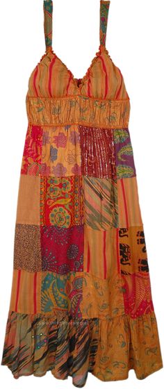 A boho chic hippi delicate cotton voile patchwork dress with orange-rust over dye. The bralette to style dress is obviously sleeveless and has elastic on the neck for a snug fit, and smocking elastic all over around the bust area. #tlb #Patchwork #Printed #bohemianfashion #patchworkdress Orange Sleeveless Patchwork Dress, Fitted Hippie Dress With Patchwork, Fitted Hippie Patchwork Dresses, Hippie Fitted Patchwork Dresses, Bohemian Brown Dress With Patchwork, Orange Bohemian Cotton Dress, Orange Hippie Summer Dresses, Orange Cotton Patchwork Dress, Fitted Orange Hippie Dress