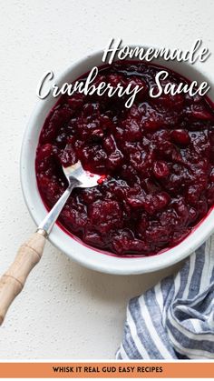 homemade cranberry sauce in a bowl with a spoon