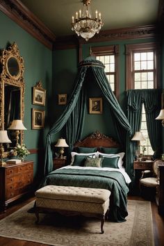 a bedroom with a canopy bed and green walls