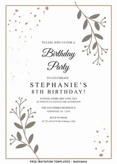 an elegant birthday party card with leaves and dots