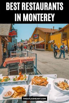 Seafood dishes laid out on an outdoor table in Monterey, with the text overlay, "Best Restaurants in Monterey." What To Do In Monterey Ca, Best Restaurants In Monterey Ca, Monterey California Restaurants, Monterey Restaurants, Cannery Row Monterey, Highway 101