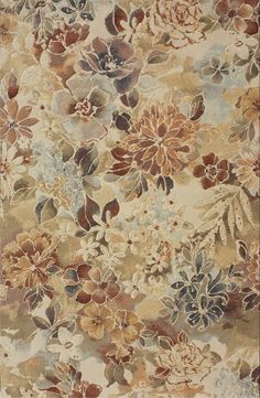 an area rug with flowers and leaves in brown, blue, beige and tan colors