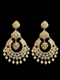 Gold plated chandbali earrings made using ad stones and Cz Polki combination pearls used length 4 inches Chandbali Pearl Drop Earrings, Chandbali Pearl Drop Danglers For Reception, Pearl Drop Chandbalis For Diwali Reception, Pearl Drop Chandbalis For Reception And Diwali, White Chandbali Pearl Earrings For Reception, Diwali Chandbali Pearl Drop Chandelier Earrings, Bollywood Style Chandbali Hand Set Pearl Earrings, Bollywood Style Chandbali Pearl Earrings, Pearl Drop Chandbali Earrings For Wedding