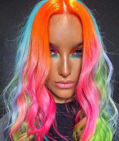 The Rainbow Hair Trend is Here to Add Some Color in the Pandemic World Rainbow Hair Color Ideas, Rainbow Color Melt Hair, Rainbow Color Blocking Hair, Platinum Rainbow Hair, Rainbow Baliage Hair, Rainbow Reflection Hair, Rave Hair, Split Dyed Hair, Rainbow Hair Color