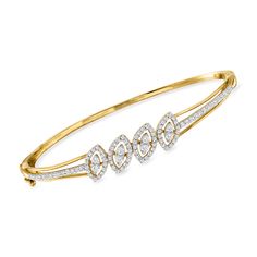 Ross-Simons - 1.00ct t. w. Diamond Marquise-Shaped Cluster Bangle Bracelet Over Sterling. 7". Your stack needs more sparkle - always. Indulge in this shimmering bangle to brighten things up! Features 1.00 ct. t. w. diamonds glimmering in a marquise-shaped clusters across the 18kt yellow gold over sterling silver bracelet. Hinged with a figure 8 safety. Box clasp, diamond marquise cluster bangle bracelet. Diamond birthstones are the perfect gift for April birthdays. Safety Box, Bracelet Diamond, Diamond Birthstone, Box Clasp, Figure 8, Fine Jewelry Bracelets, Diamond Bangle, Sterling Silver Bracelet, Diamond Bracelets