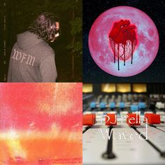 four different images with the words dj tala waved in front of them and an image of a red moon