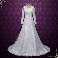 Modest A-line Lace Wedding Dress with Long Sleeves | HAMON Long Sleeve Modest Lace Wedding Dress, A Line Lace Wedding Dress With Sleeves Modest, Modest Long Sleeve Wedding Dress Ball Gown, Floor-length Lace Wedding Dress With Lace Sleeves, Modest Lomg Sleeve Wedding Dress, Modest Long Sleeve Wedding Dresses, Wedding Dress With Long Sleeves, Modest Bridal, Modest Wedding Gowns