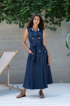 Explore more linen plain clothes https://etsy.me/31akCv3 Belted button down dress with pockets and belt crafted from 100% linen. Beautiful sleeveless sundress for vocation and days off. Tiered linen boho dress full length Description: Textile - 100%linen. Navy Length- 130 cm / 51 inch Buttons Pockets Belt Skater skirt Please feel free to ask any questions Available for any custom changes :) Welcome to the Artist's Space :) Click to see more bohemian clothing https://etsy.me/3fn9Oir Thank you for Summer Linen Belted Dress For Work, Chic Linen Shirt Dress For Summer, Chic Linen Belted Midi Dress, Belted Linen Midi Dress For Day Out, Casual Belted Dress With Buttons For Summer, Casual Summer Belted Dress With Buttons, Linen Midi Dress With Tie Waist For Vacation, Vacation Linen Midi Dress With Tie Waist, Sleeveless Summer Shirt Dress With Pockets