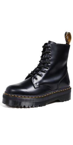 Find DR. MARTENS Jadon 8 Eye Boots M 10/ W on Editorialist. Leather: Cowhide. Slip-resistant PVC AirWair sole. Platform profile with contrast welt stitching. Pull tab at heel. Combat boots. Lace-up closure. PVC sole. Imported, China. This item cannot be gift-boxed. Measurements: Platform: 1.75in / 45mm Dr Martens Jadon, How To Wear Ankle Boots, Dr Martens Womens, Necklace Diy, Black Polish, Leather Fringe, Doc Martens, Classic Leather, Platform Boots