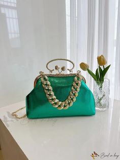 Bird in Bag - Womens Crystal-Coated Metal Chain Shoulder Bag for Party or Everyday Use, Can Accommodate Phone, Wallet, Cosmetics, Party Clutch Bag With Chain Strap, Party Pouch Bag With Chain Strap, Green Evening Bags With Chain Strap, Green Clutch With Chain Strap, Handheld Clutch With Chain Strap For Gift, Green Evening Bag With Chain Strap, Trendy Evening Bag With Chain, Green Clutch Bag For Party, Green Clutch Shoulder Bag For Party