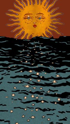 the sun is shining over the ocean with stars