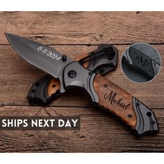 a knife that is on top of a wooden table with the words, ships next day