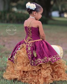 Fitted Gold Dress For Quinceanera, Gold Fitted Dress For Quinceanera, Festive Gold Dresses With Ruffles, Gold Dresses With Ruffles For Festive Occasions, Gold Dress With Gold Embroidery For Celebration, Charro Dress, Quinceañera Dresses, Charro Quinceanera Dresses, Burgundy Dress