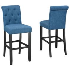 two blue upholstered barstools with buttons on the backrests and legs