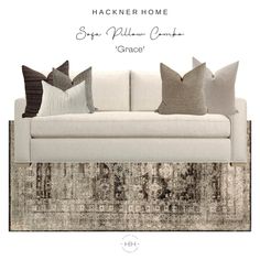 a couch with pillows on it and the words, hackner home sofa pillow collection grace