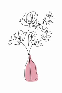 a pink vase with some flowers in it