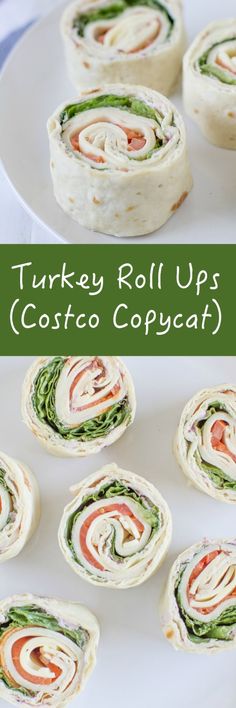 turkey roll ups with cucumber and carrots on a white plate next to other rolls