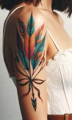 Feathered Archers: Strength & Softness 🪶🏹 Feathers soften the impact of arrows, just as vulnerability complements strength. Wear this ink proudly—it’s a testament to your multifaceted spirit. Feather And Wildflower Tattoo, Native Arm Band Tattoo, Pheasant Feather Tattoo, Feather Hand Tattoo, Native American Feather Tattoo, Feather Tattoo Colour, Indian Feather Tattoos, Native American Feathers, Country Tattoos