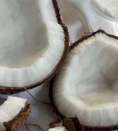 two halves of coconuts sitting on top of a white cloth