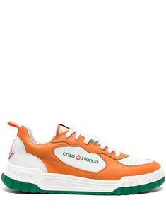 white/pumpkin orange/green calf leather panelled design logo print to the side logo patch at the tongue rubberised logo detail perforated detailing round toe front lace-up fastening pull-tab at the heel padded ankle leather lining branded leather insole chunky rubber sole Balenciaga Speed, Reebok Club C, Balenciaga Triple S, White Pumpkins, Custom Watch, Summer Beach Wear, Nike Air Max 97, Derby Shoes, Pumpkin Orange