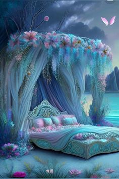 an artistic painting of a bed with flowers on the headboard and canopy over it