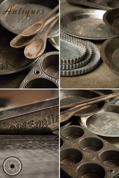 four different pictures of spoons and other metal objects with words on them, including one that says antiques