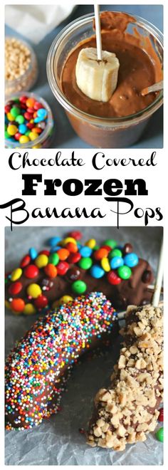 chocolate covered frozen banana pops with sprinkles and candy on the table in front