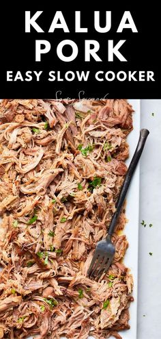 Easy Slow Cooker Kalua Pork on a plate. Kaluha Pork, Kalua Pork Crockpot, Kalua Pig Recipe, Slow Cooker Kalua Pork, Kalua Pork Recipe, Kalua Pulled Pork, Kahlua Pork, Luau Food, Slow Cooker Recipes Pork