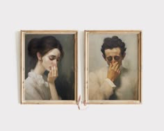 two paintings of people with their hands to their face