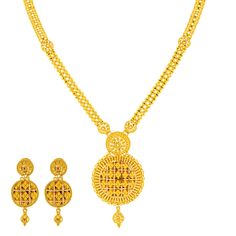 Adorn yourself with beautiful 22k yellow gold necklace and earring set from Virani Jewelers, a perfect blend of traditional Indian jewelry design and modern elegance. The intricate beaded details and gleaming gold create a stunning look that complements any bridal or traditional dress. This 22k gold necklace and earring set is perfect for those who value superior craftsmanship and timeless style. Add a touch of sophistication to your outfit with this beautiful 22k gold jewelry set, a testament t Festive 22k Yellow Gold Jewelry, 22k Gold Jewelry Set With Intricate Design, Diwali Yellow Gold Round Jewelry Sets, Intricate Round 22k Gold Jewelry Sets, Yellow Gold Temple Necklace For Festive Season, Festive Yellow Gold Temple Necklace, Traditional Yellow Gold Plated Temple Necklace, Yellow Temple Jewelry With Filigree, Traditional Yellow Gold Bridal Necklace With Gold Beads