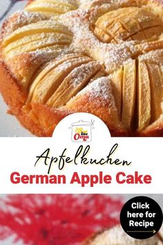 an apple cake with powdered sugar on top and the title overlay reads, appellauchen german apple cake