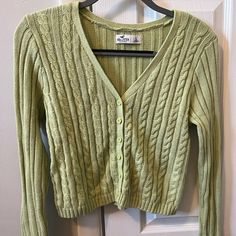 Lime Green Knit Sweater, Crop Cable Knit Cardigan, Hollister, Size Large, Tags Still On, Never Worn- Perfect Condition! Green Casual Cable Knit Cardigan, Fitted Green Cable Knit Cardigan, Spring Green Textured Knit Cardigan, Spring Green Cable Knit Sweater, Spring Green Cable Knit Cardigan, Green Cable Knit Spring Cardigan, Green Cable Knit Cardigan For Spring, Casual Fitted Cable Knit Cardigan, Fitted Cable Knit Casual Cardigan