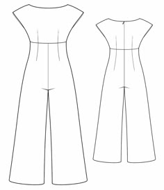 the front and back view of a jumpsuit pattern, with an open side slit