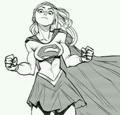 a black and white drawing of a woman in a superman costume