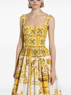 Dolce & Gabbana Majolica Flared Cotton Dress - Farfetch Midi Corset Dress, Majolica Print, Beach Dresses Summer, Feminine Chic, Dolce Gabbana Dress, Long Maxi Skirts, Stretchy Dress, Dolce E Gabbana, Metallic Dress