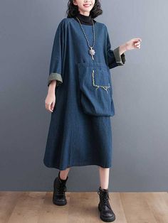 Sku CY-!125365 Material < 30% Polyester , Denim , >70%Cotton Style Loose , A-line , Long Sleeves Feature Pockets , Fringed , Split-joint Neckline Round-neck Occasion Vintage , Leisure Fashion Seasons Spring , Autumn Type Midi Dresses Color BLUE Size M,L,XL,2XL Please consult the size chart we provide for this item's measurements to help you decide which size to buy.Please note: There may be 1-3cm differ due to manual measurement. CMINCH Bust Raglan Sleeve Length Sleeve Opening M 132 62 110 32 L Blue Denim Winter Dress, Winter Blue Cotton Denim Dress, Blue Denim Dress For Winter, Long Sleeve Denim Blue Denim Dress For Winter, Denim Blue Long Sleeve Denim Dress For Winter, Denim Blue Long Sleeve Dress For Winter, Indigo Long Sleeve Dress With Pockets, Denim Blue V-neck Dress For Fall, Fall Denim Blue V-neck Dress