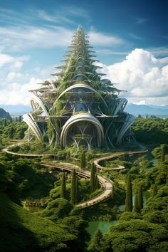 a futuristic building surrounded by trees and greenery in the middle of a forest area