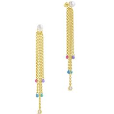 You'll want to wear these earrings every day! This pair of pearl post back dangle studs features a cascade of dainty gold chains with colorful stones on the ends. They're available in gold and silver tones. Materials: 14K gold rhodium plated brass, enamel, cubic zirconia, shell pearls Features: 0.2" stud, 3" drop, Lead & Nickel free, post back Colorful Stones, Free Post, Gold Earrings Dangle, Gold And Silver, Rhodium Plated, Gold Chains, Stone Color, Gold Earrings, Cubic Zirconia