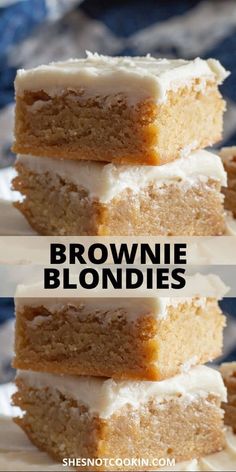 three pieces of brownie blondies stacked on top of each other with white frosting