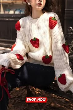 Women's Strawberry Print Crew Neck Crochet Knit Tops, Cute Fall Winter Pullover Sweaters Cute Crochet Knit Sweater, Trendy Fall Crochet Sweater, Cute Hand Knitted Winter Sweater, Cute Hand-knitted Winter Sweater, Trendy Crochet Sweater For Fall, Cute Chunky Knit Sweater For Fall, Cute Knitted Sweater For Winter, Casual Long Sleeve Hand Knitted Sweater, Casual Crochet Tops For Winter