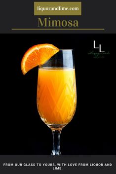 an orange drink in a wine glass with a slice of orange on the rim and text that reads, from our class to yours, love from liquor and lime